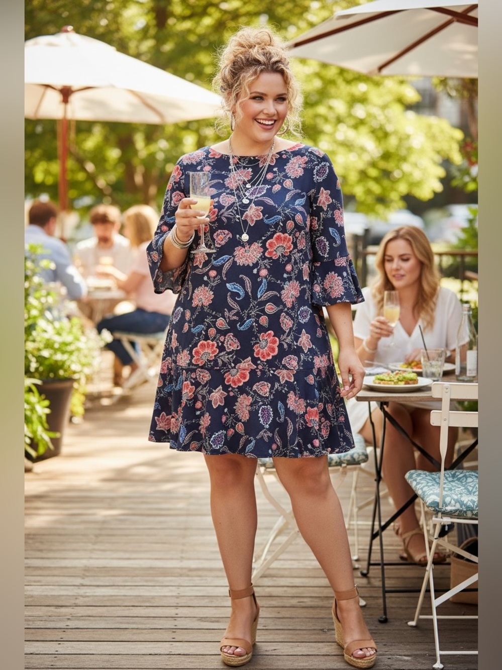 NWT Eliza J 22W Women’s Plus size blue red floral scoop neck zip back boho dress